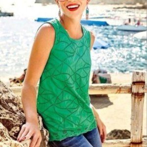 CABI Eyelet Lace Asymmetric Sleeveless Women's Green Tunic Top SZ XS